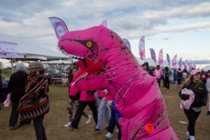 Hot pink dinosaur walking around atMaking Strides of Long Island 2018