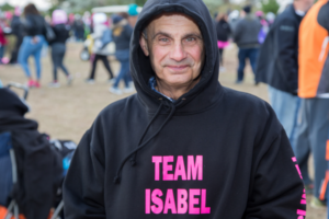 Close-up of man with Team Isabel on his sweatshirt atMaking Strides of Long Island 2018