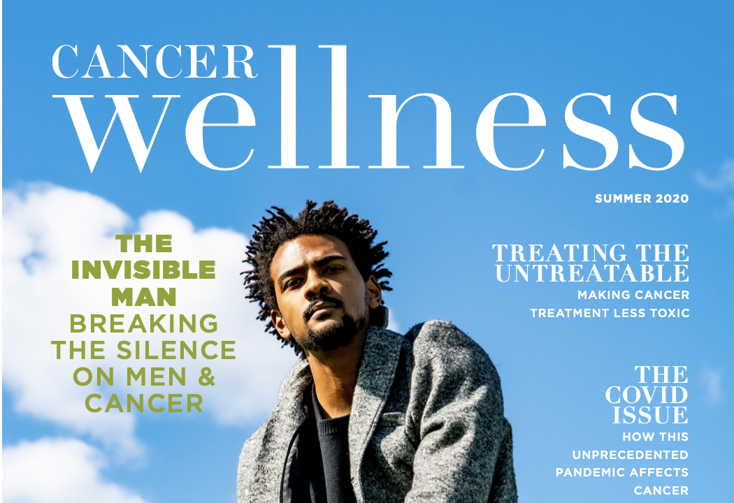 Color photo of Cancer Wellness magazine from July 2020 Man with blue sky background.