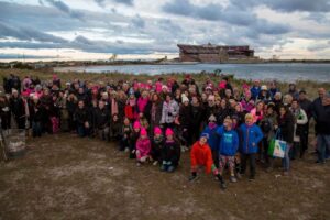 Wide shot of NYBRA Team with Jones Beach theatre in the background atMaking Strides of Long Island 2018