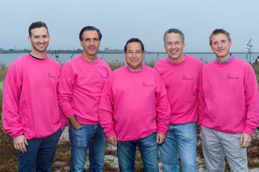 Color photo of NYBRA doctors at the Making Strides of Long Island 2017. Left to right: Dr. Bank, Dr. Light, Dr. Feingold, Dr. Israeli, Dr. Korn wearing bright pink sweathshirts.