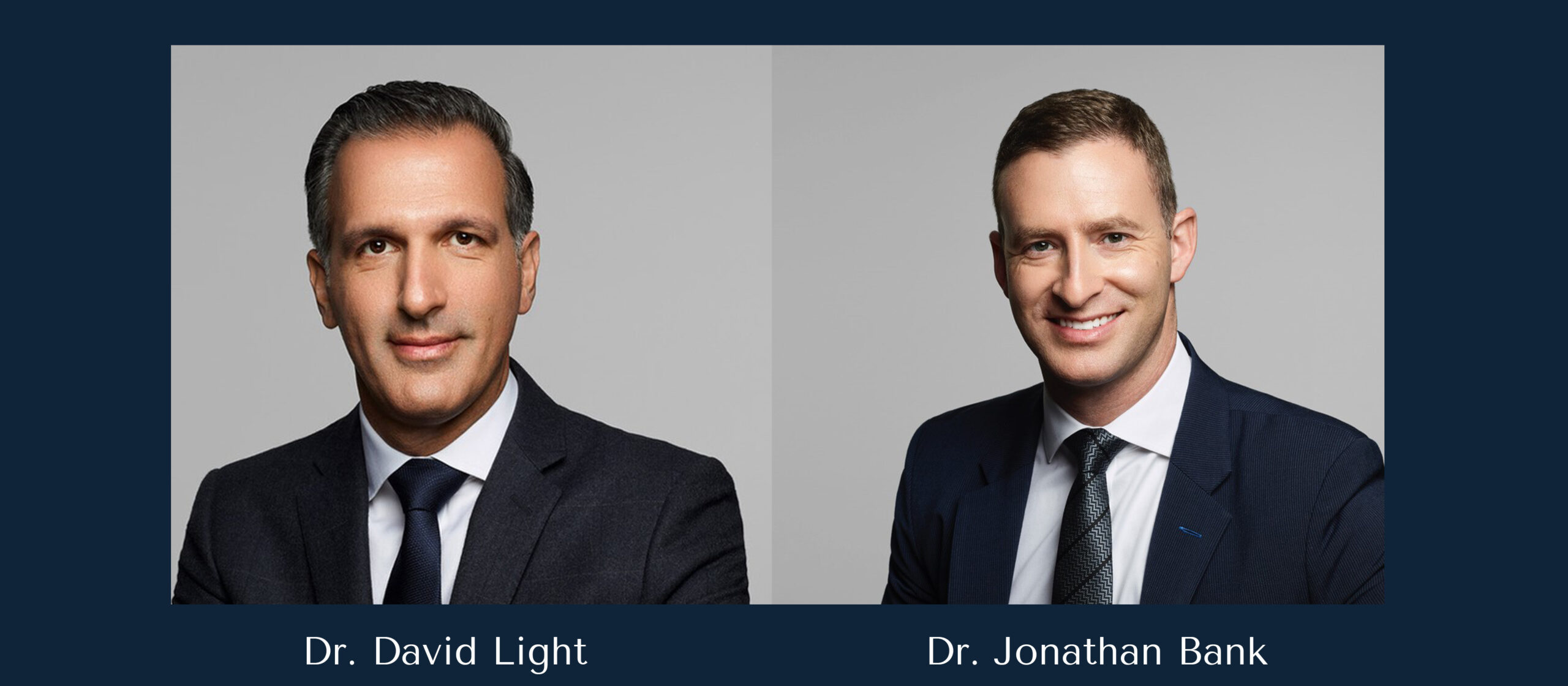 Navy blue rectangle with images of Dr. Bank and Dr. Light.