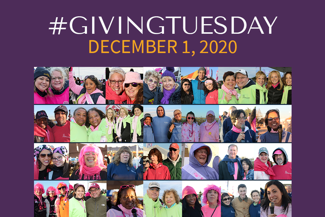 Purple color box with 30 photos of individuals from our past Making Strides Against Breast Cancer events at Jones Beach. Text: #GivingTuesday December 1, 2020