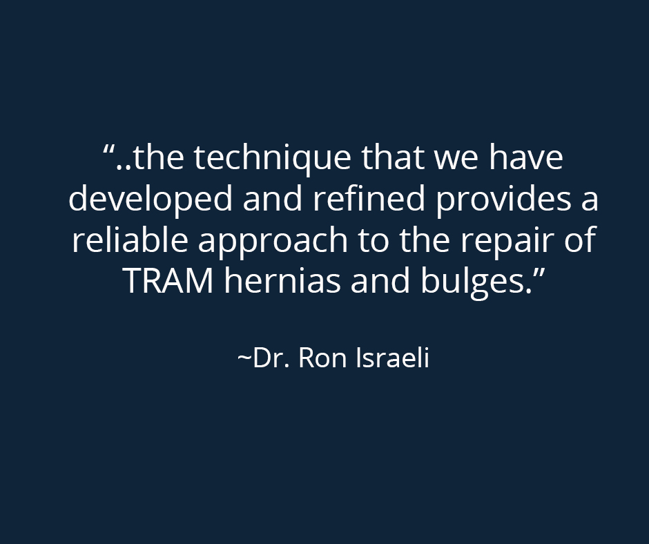 Navy blue box with the following quote from the presentation: “..the technique that we have developed and refined provides a reliable approach to the repair of TRAM hernias and bulges.” ~Dr. Ron Israeli.