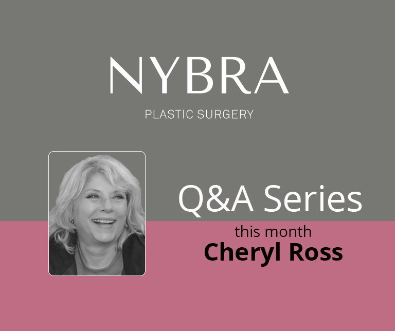 Square graphic which includes black and white image of Cheryl and the following text: NYBRA LOGO and Q&A Series with Cheryl Ross.