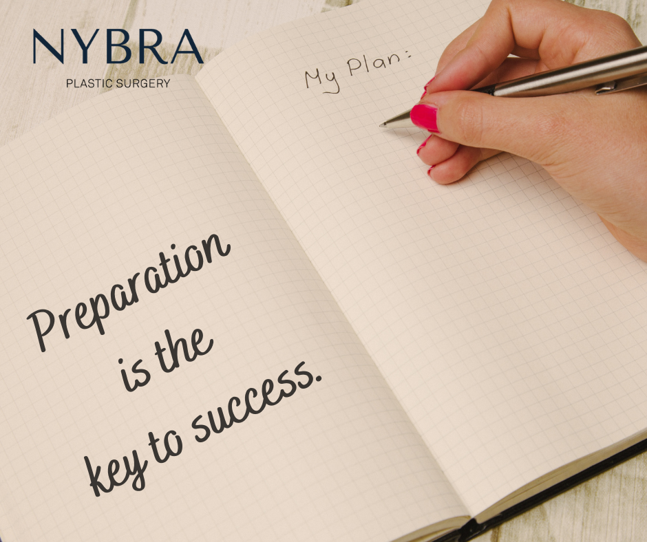Close-up photo of open journal and woman with pen writing 'my plan'. Text on the left page of journal says: "Preparation is the key to success." NYBRA Plastic Surgery logo is on the top.
