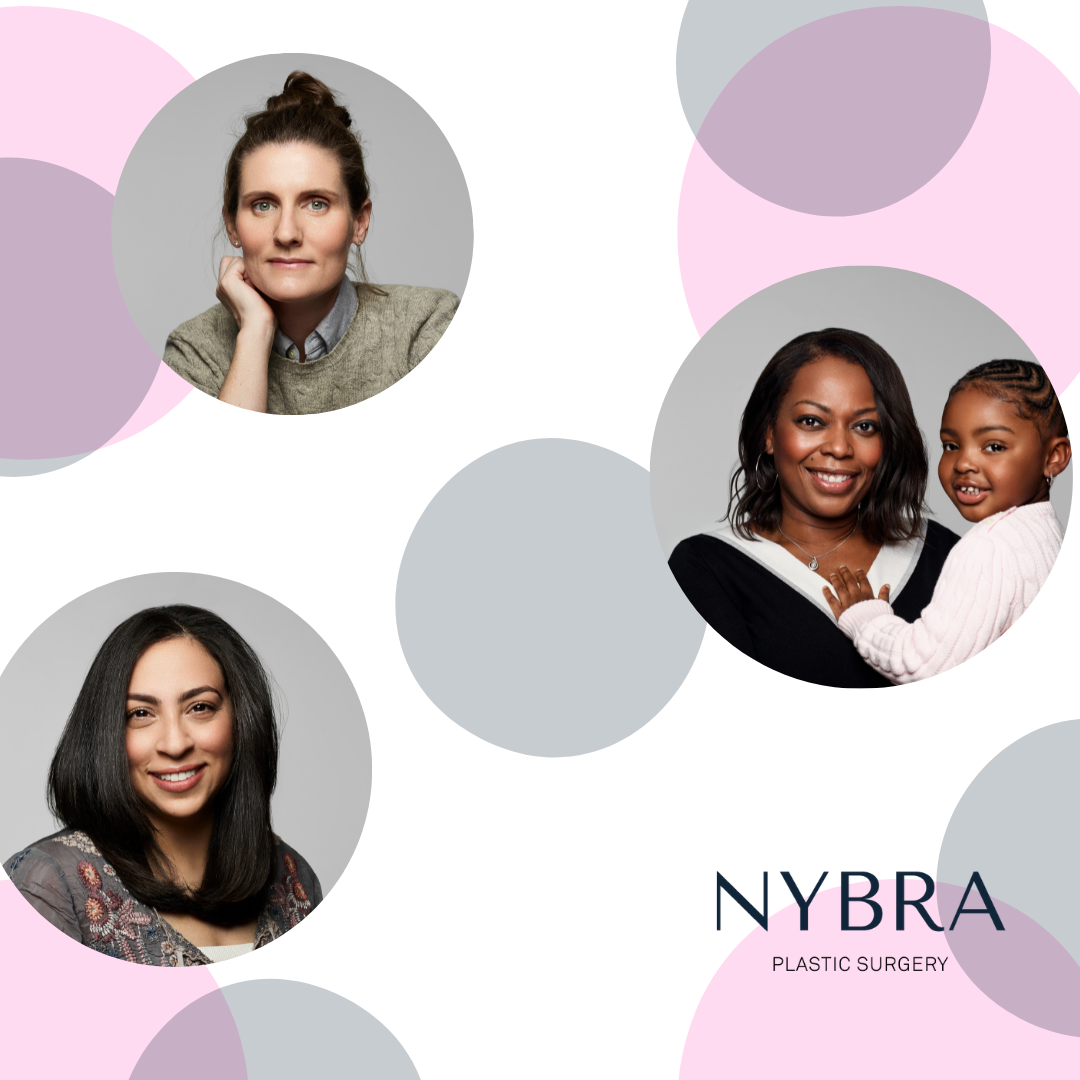 Artistic graphic of colorful circles with (3) circular images of women and NYBRA Plastic Surgery logo.