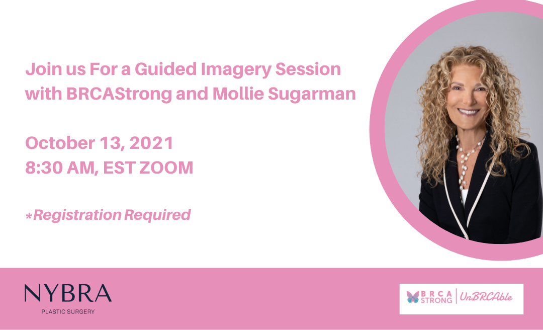 Graphic with Mollie Sugarman photo and date and time for Guided Imagery Session with BRCAStrong