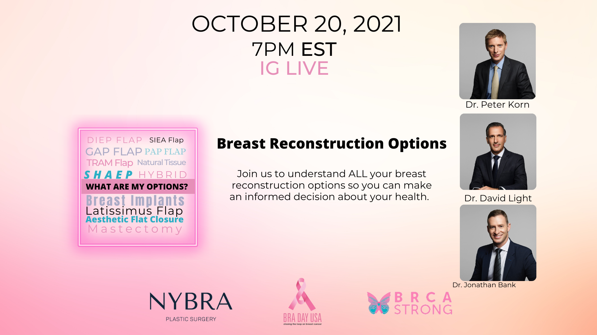 Pink shaded graphic with photos of Drs. Korn, Light and Bank promoting BRA Day Instagram Live on Oct. 20