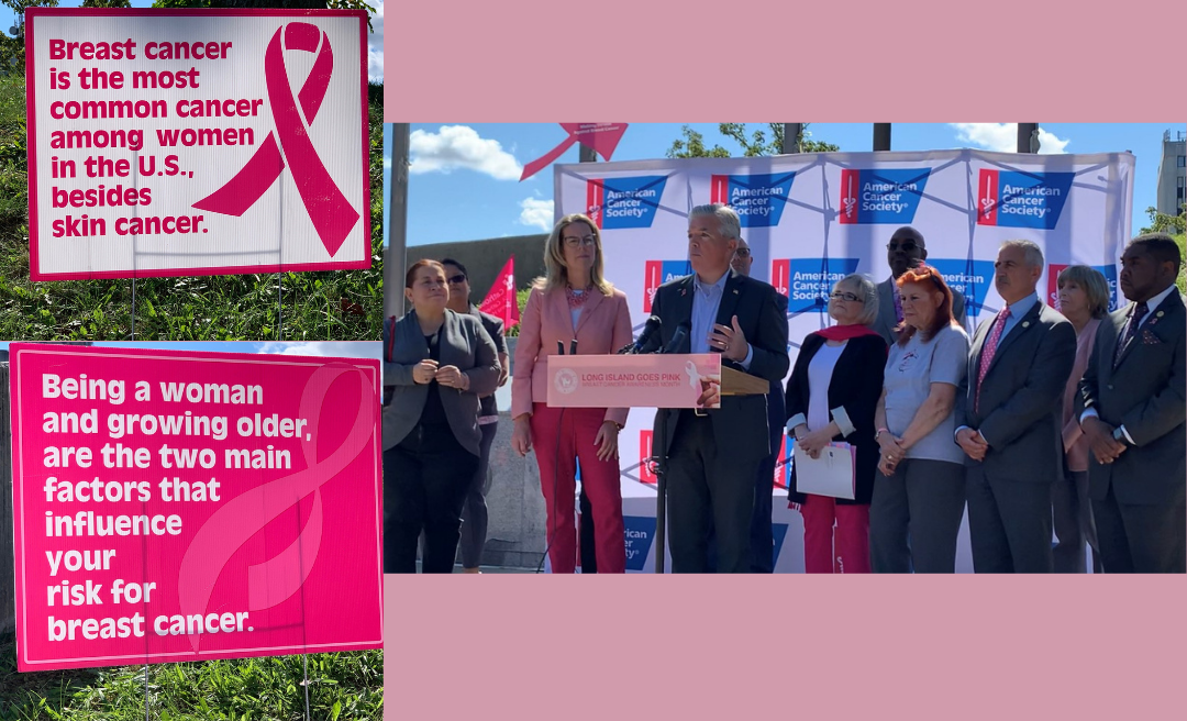 Collage of Breast Cancer fact posters and speakers at the Go Pink Long Island event to kick off Breast Cancer Awareness Month on Oct. 1, 2021