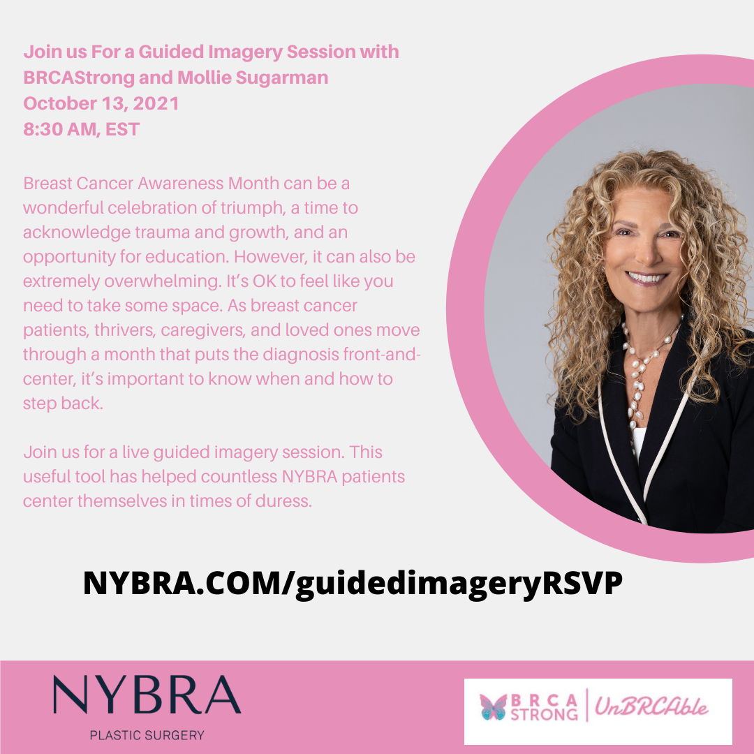 Graphic with Mollie Sugarman photo and date and time for Guided Imagery Session with BRCAStrong