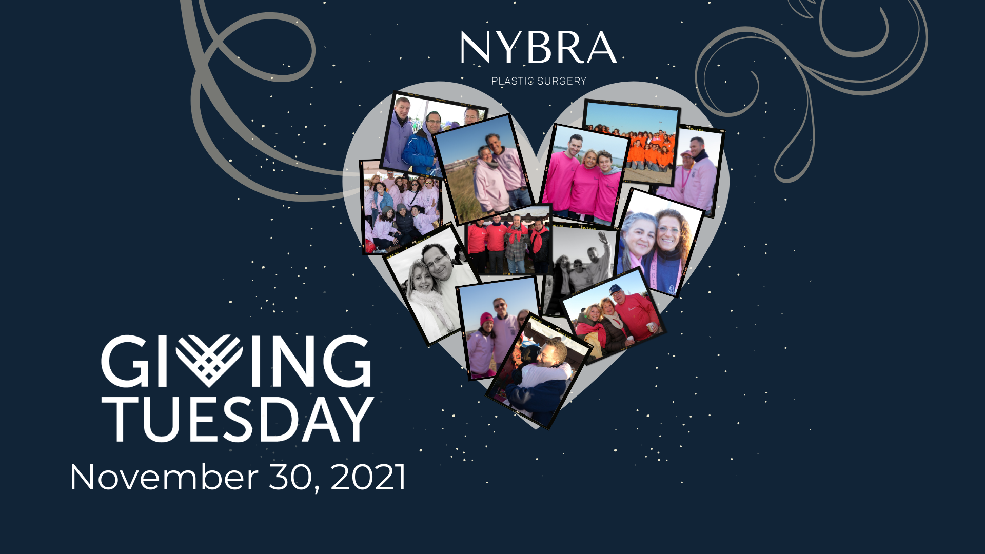 Blue graphic with heart collage of photos for GivingTuesday efforts.