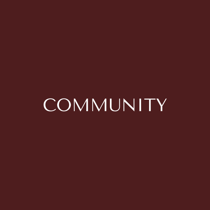 maroon color graphic with white copy: Community
