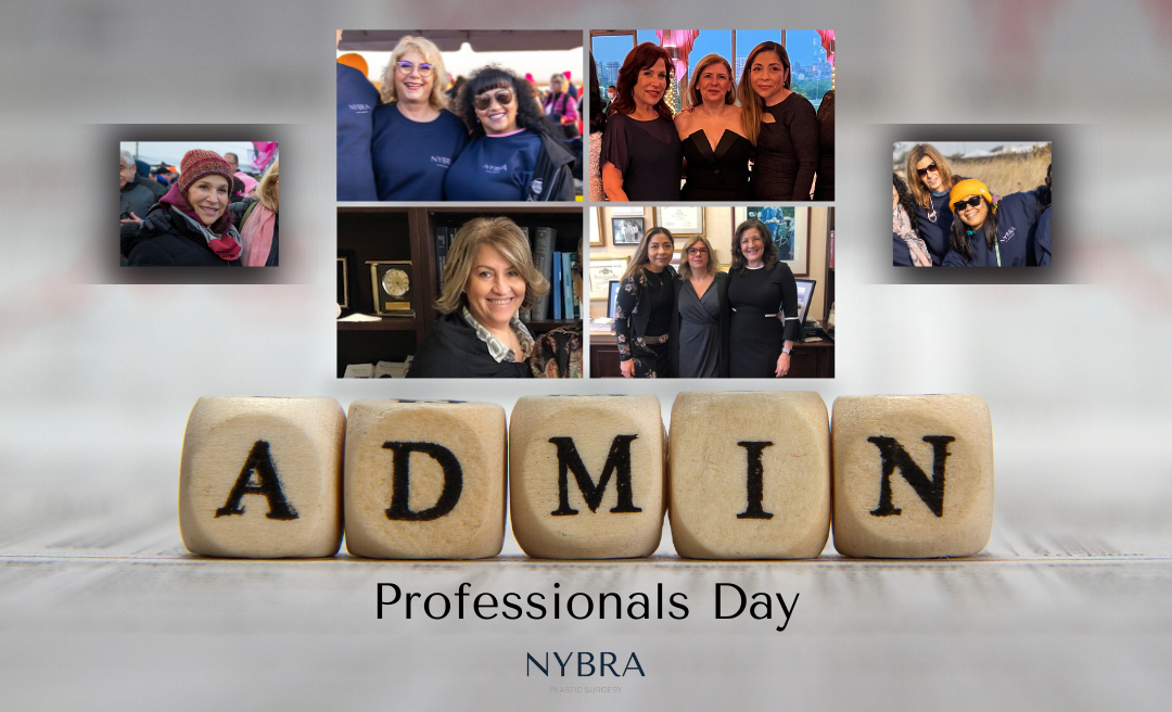 Photo collage of NYBRA Plastic Surgery's administrative staff with blocks celebrating Administrative Professionals Day.