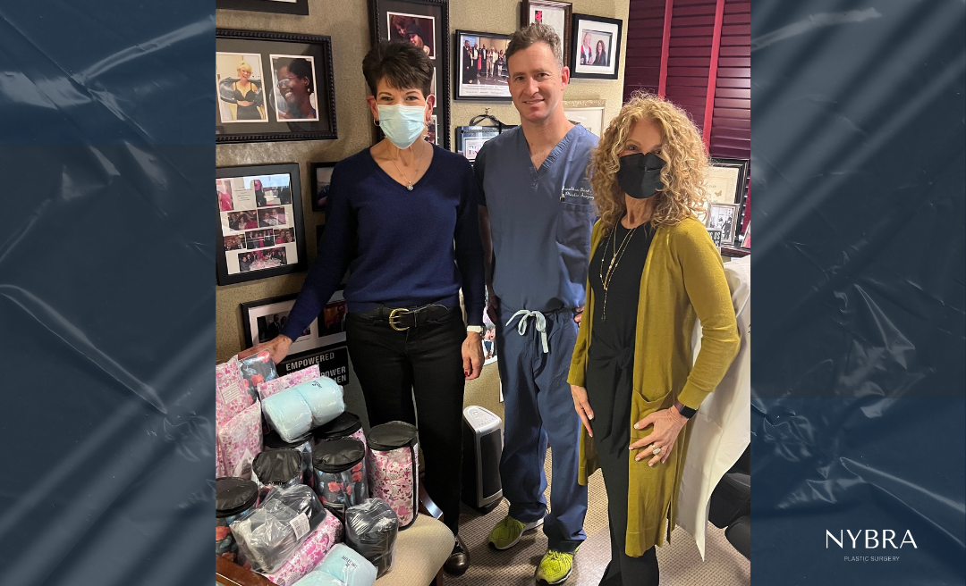 NYBRA Plastic Surgery's Dr. Jonathan Bank, Mollie Sugarman and patient Joanne with hand-sewn and gift bely buddie pillows in Mollie's office.