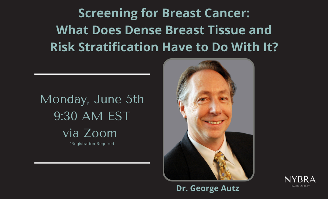NYBRA Plastic Surgery's Patient Empowerment Program Be Informed Lecture Series presents Dr. George Autz, Monday, June 5th at 9:30AM via zoom with his photo on back background and light blue type "Breast Cancer Screening: What Does Dense Breast Tissue and Risk Stratification Have to Do With It?"