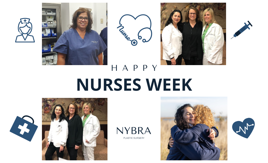 NYBRA Plastic Surgery logo for Happy Nurses Week with photos of the practice's nurses and graphics.
