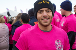 Close-up of man in hot pink t-shirt atMaking Strides of Long Island 2018