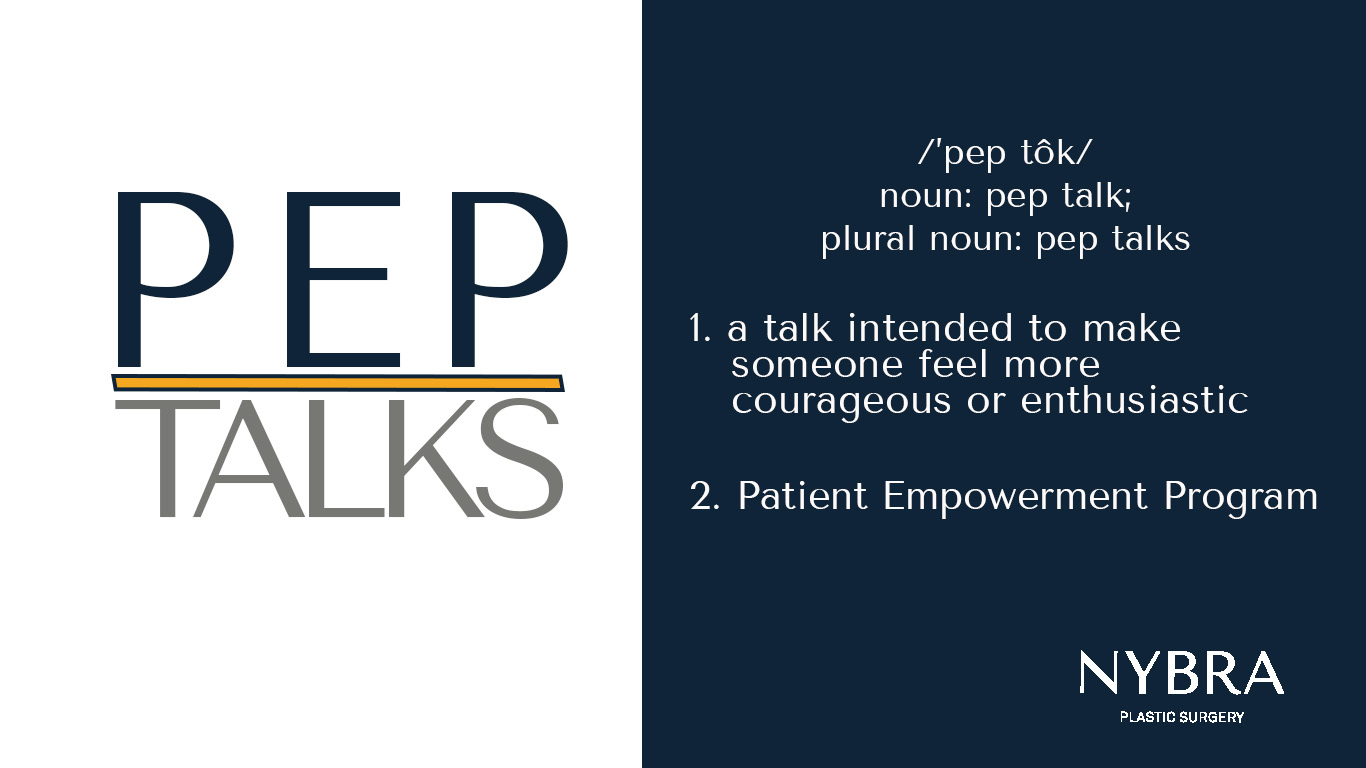 Rectangle divided into two: PEP Talk logo on the left and navy blue on the right with the definition of Pep Talk on the right: 1. A talk intended to make someone feel more courageous or enthusiastic 2. Patient Empowerment Program