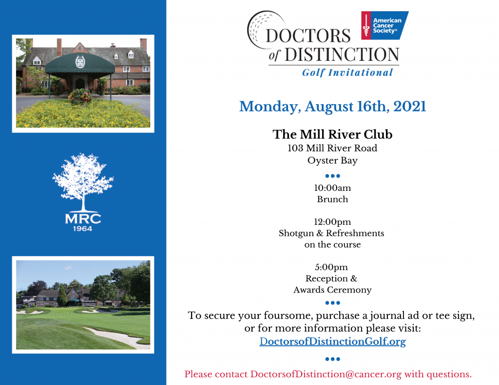 2021 American Cancer Society Doctors of Distinction Invitation. Blue side bar with 2 photos of golf courses. Main section includes date and time of the event and the honoree. 