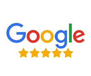 Google review logo. Colorful Google logo with 5 gold stars underneath.