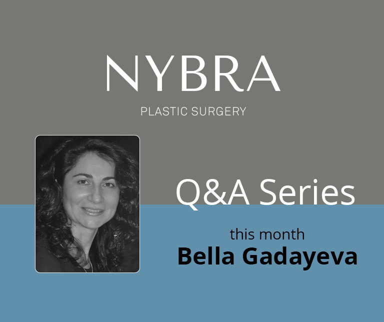 Square graphic which includes black and white image of Bella and the following text: NYBRA LOGO and Q&A Series with Bella Gadayeva