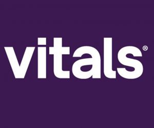 Vitals logo. Purple square with white logo text: vitals