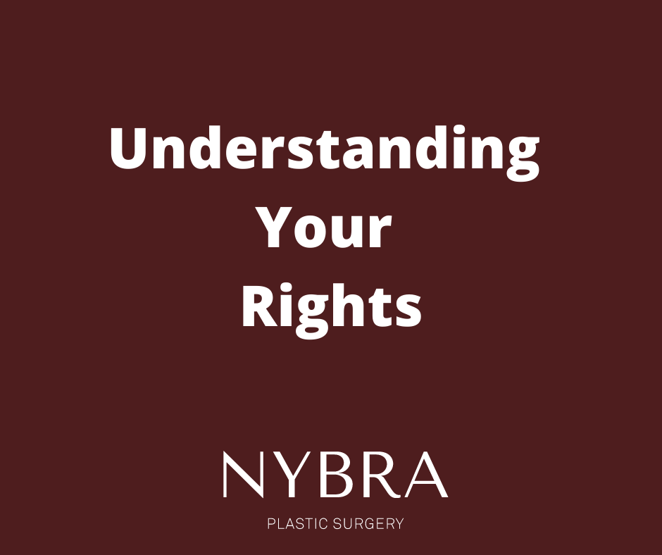 White text that says Understanding Your Rights with the NYBRA Plastic Surgery Logo beneath it, all on a burgundy background