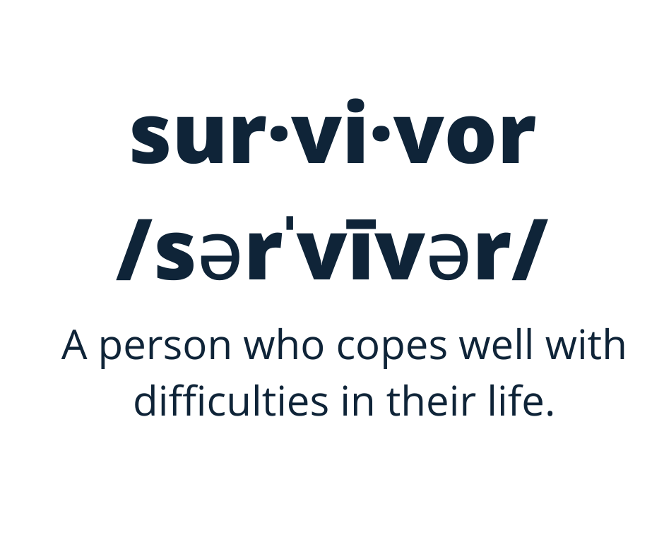 White square with word 'survivor' and definition: A person who copes well with difficulties in their life.