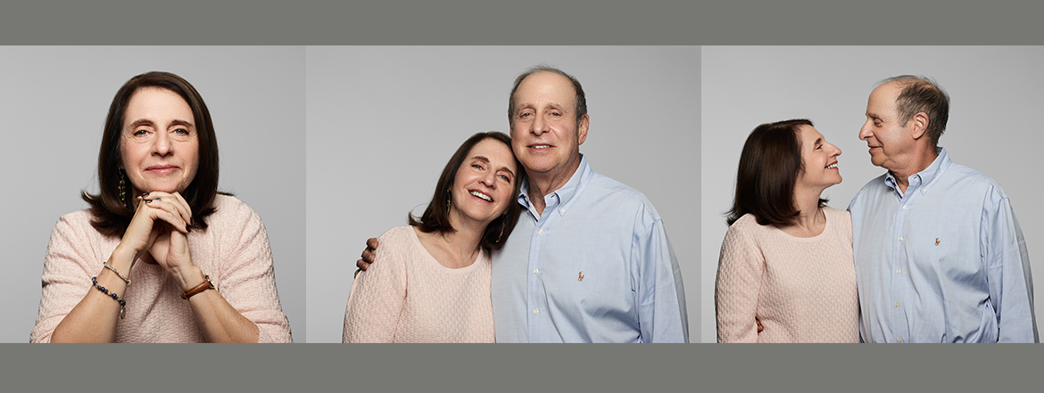 rectangle box with three photos. One with woman alone, 2nd with husband holding her smiling for the camera and the third image couple looking at each other.