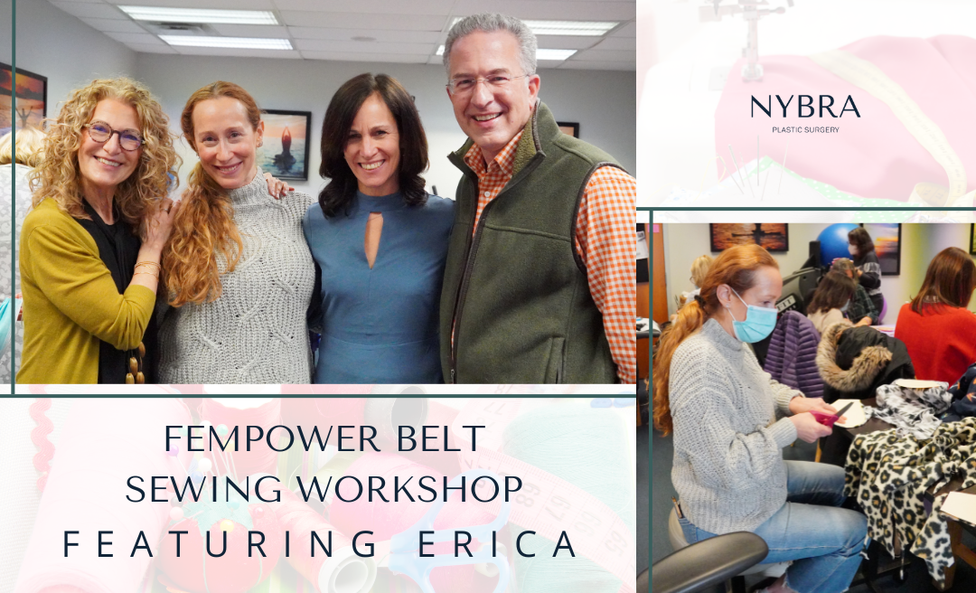 NYBRA Plastic Surgery of Long Island, New York's patient Erica with Dr. Ron Israeli, Mollie Sugarman and Diana Tjaden at the femPower Belt Sewing Workshop
