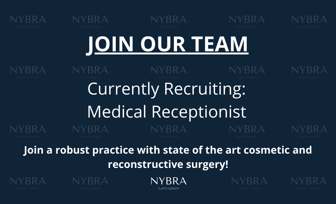 Navy background with faded NYBRA logo step and repeat look for recruiting medical receptionist.