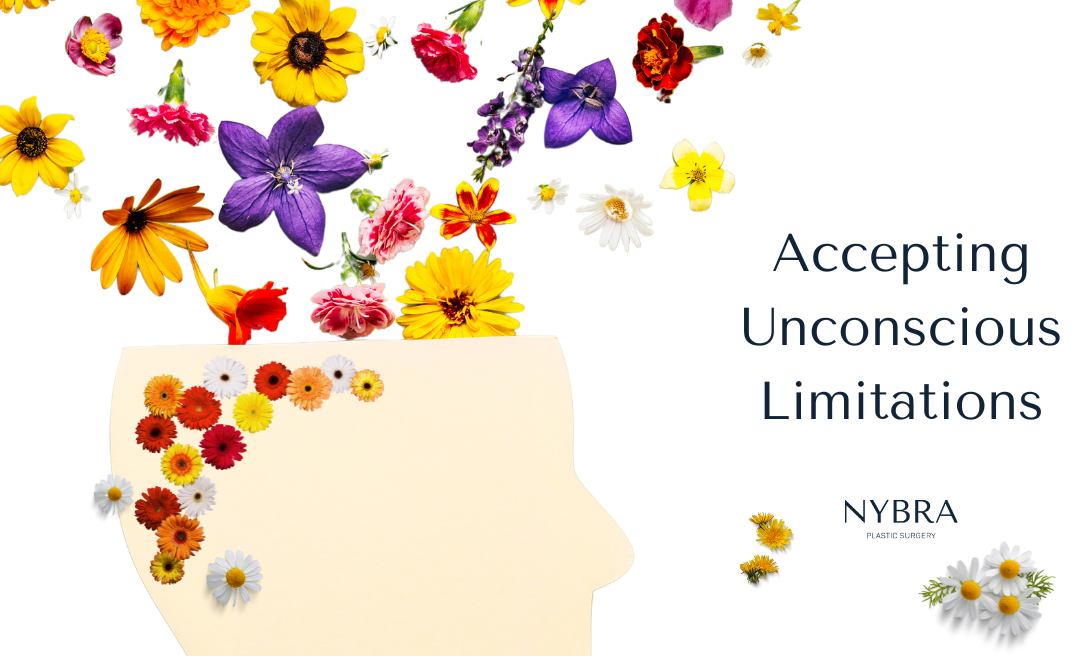 NYBRA Plastic Surgery's Mental Health Awareness Month: Accepting Unconscious Limitations blog with head vase and floating colorful flowers.